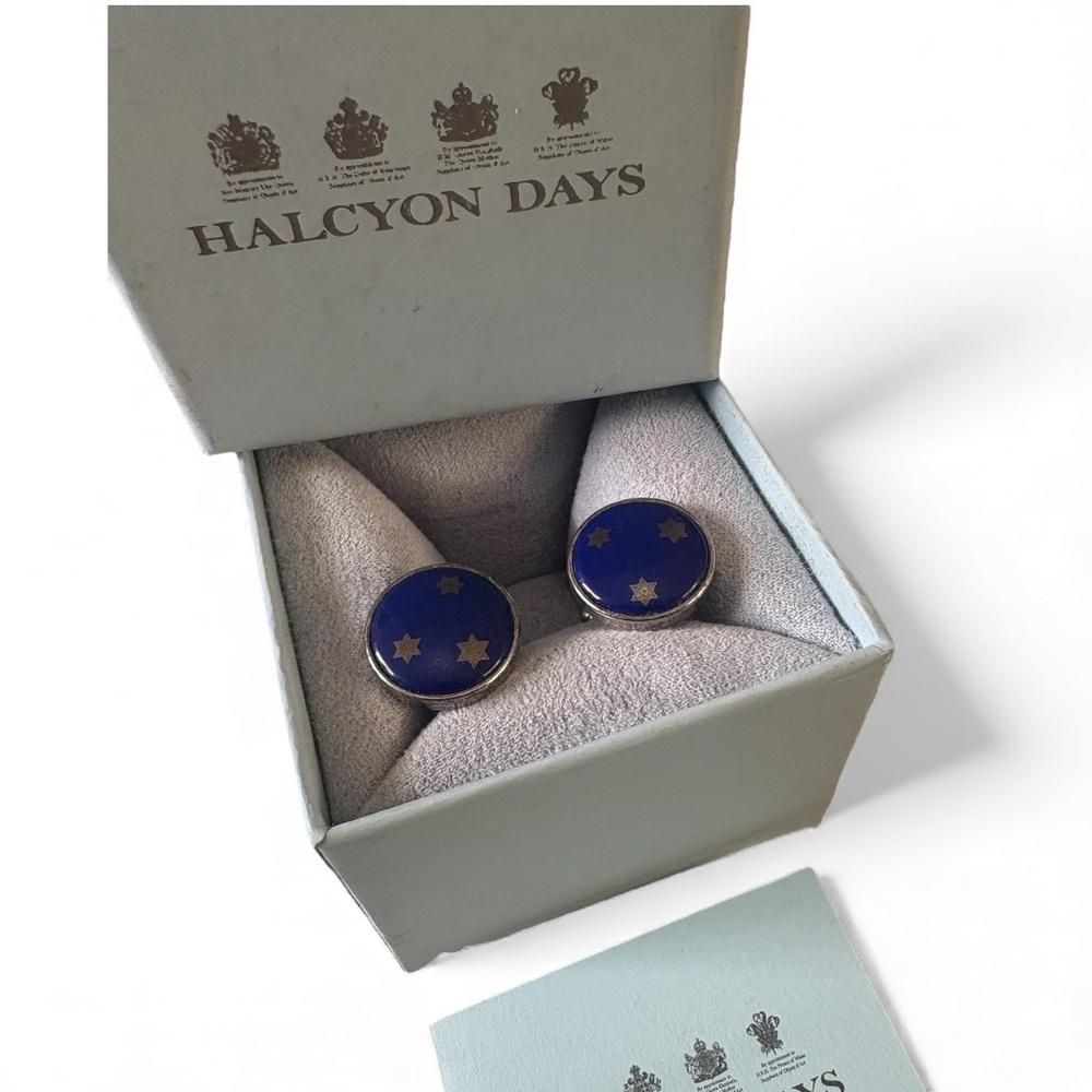 Halcyon Days Cobalt Blue Enamel 3 Silver Star Cufflinks w/Box